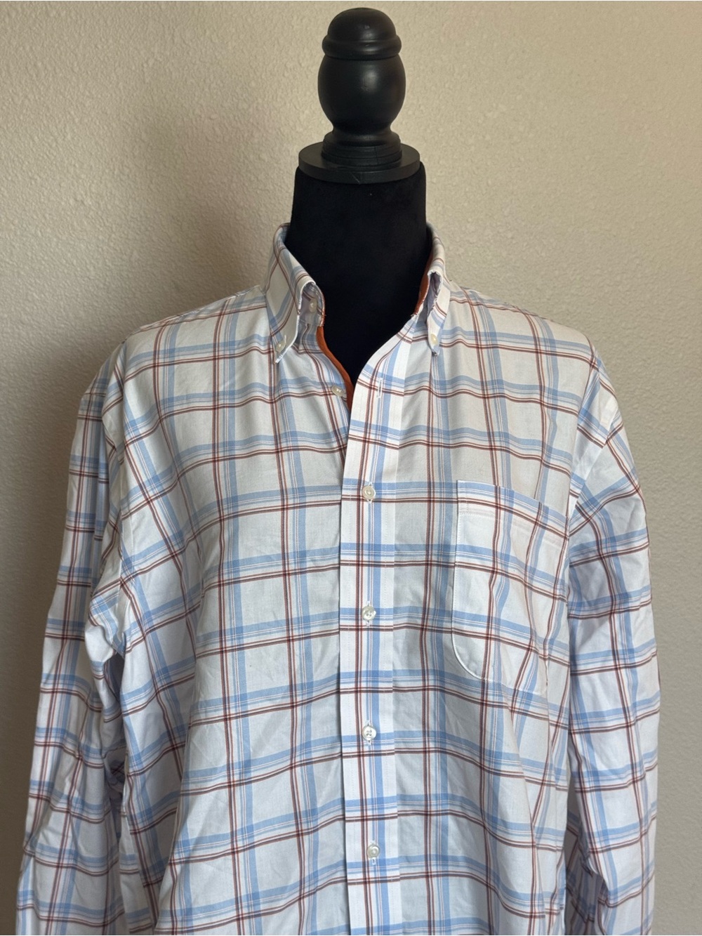 Paul Fredrick Non-iron Cotton Plaid Dress Shirt Size 16x34 Blue White Orange